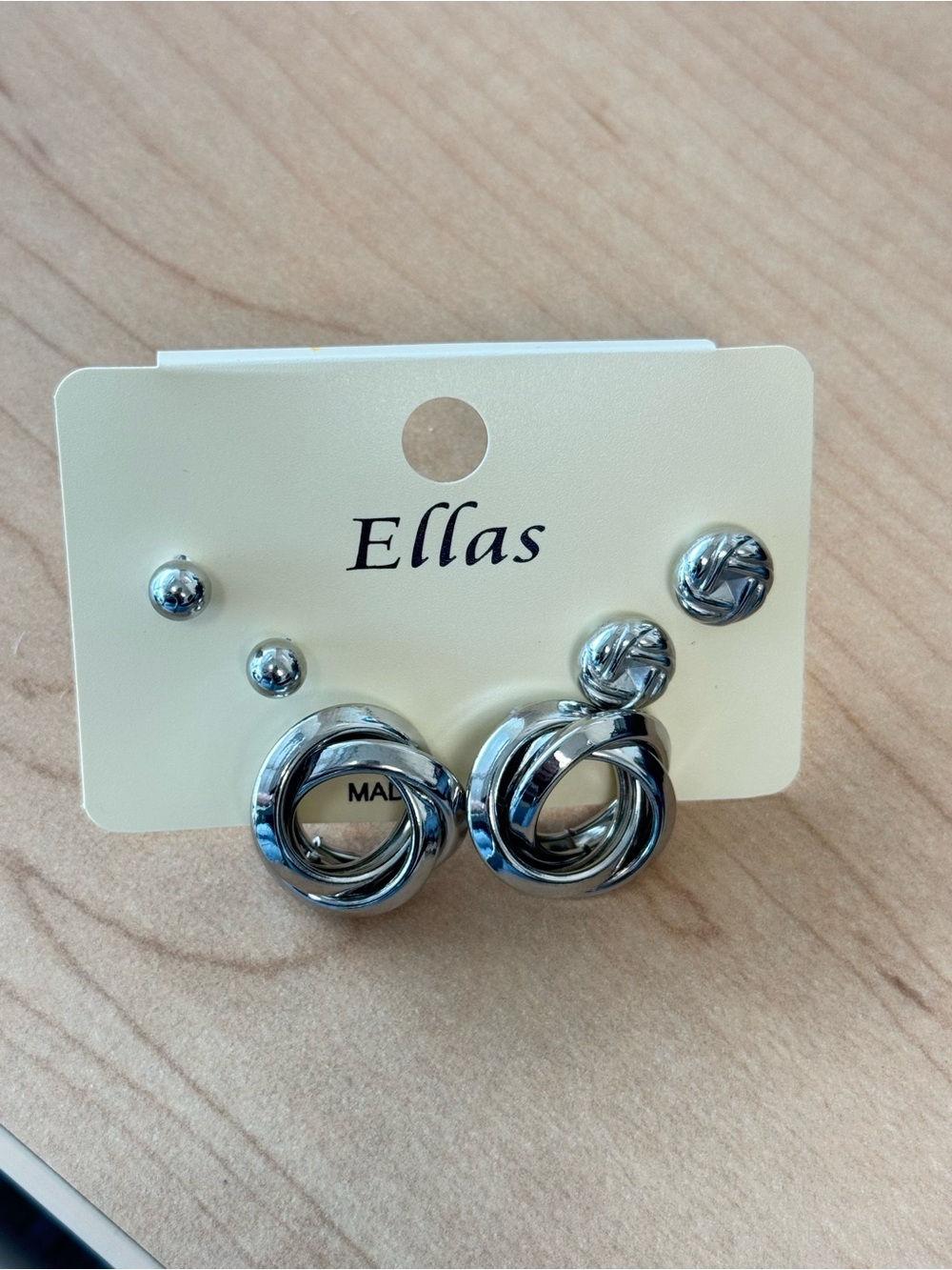 NWT Ella’s 3-Pair Silver-Tone Stud Earrings Knot & Swirl Statement Set